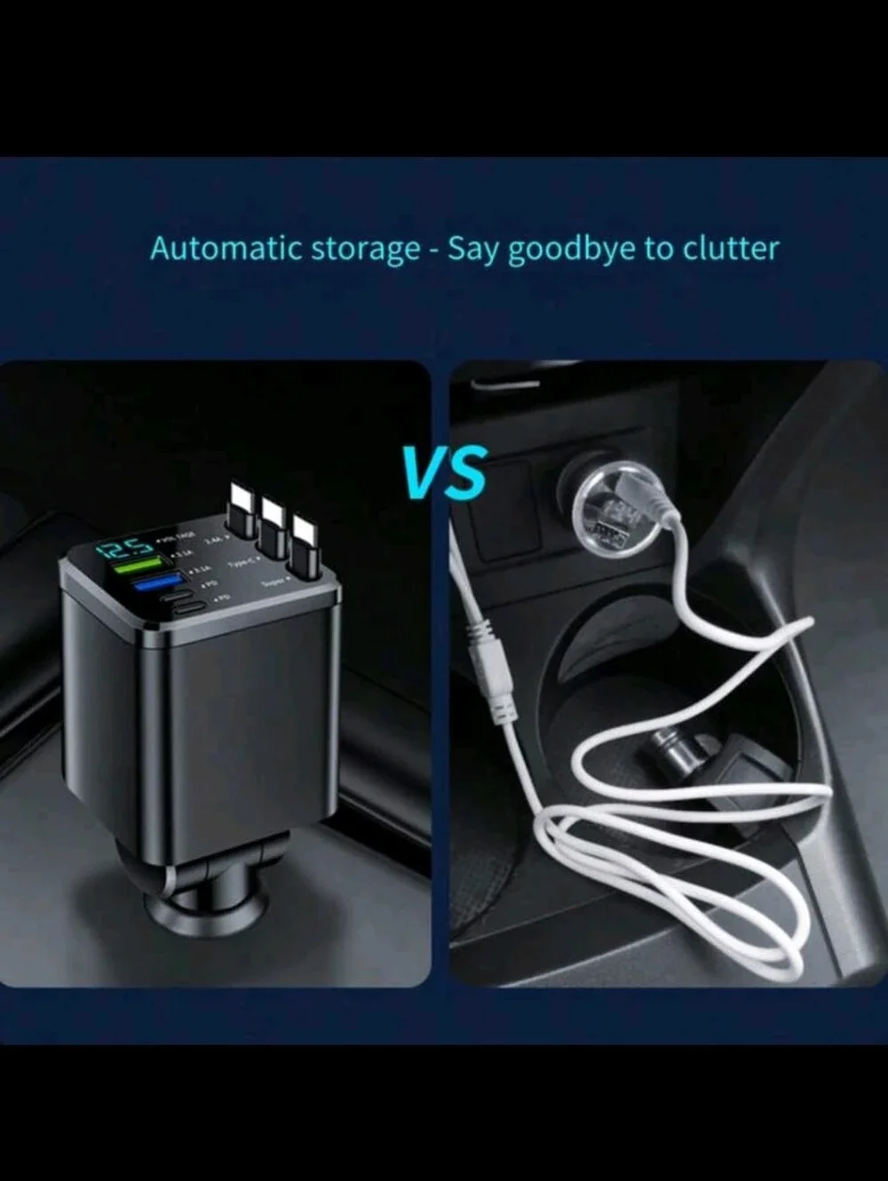 7in 1 Universal Black Car Charger with Multiple USB Ports and Digital Display
